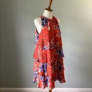LOFT Orange Tropical Floral Printed Tiered Sleeveless Dress Size S